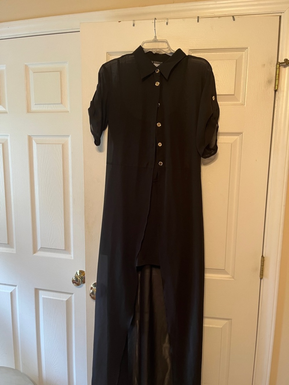 Black High-Low Button-Front Shirt Dress Two piece Romper with Sheer Cover